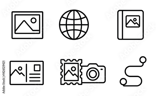Photography and travel icon set: flat linear icons for digital content