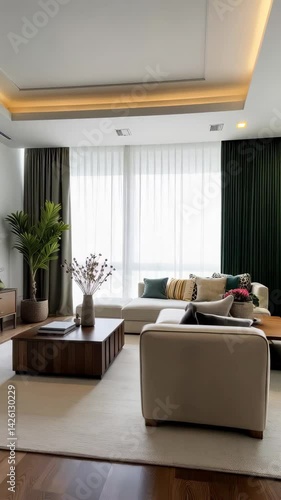 Showcase suburb living room featuring a wooden TV cabinet. Luxury condo design arts