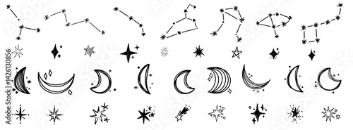 Star celestial constellation space hand drawn doodle sketch set in line simple style. Moon vector magic sparkle twinkle glitter elements 