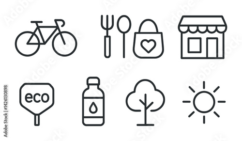 Sustainable lifestyle line icons set: eco-friendly, minimalist, black linear design