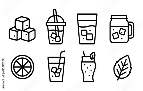 Refreshing beverage icons set: line style collection of drinks and ingredients