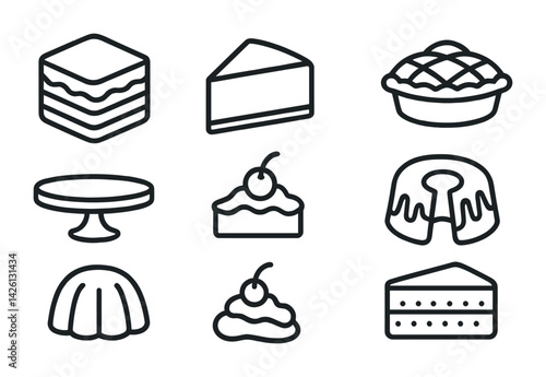 Elegant bakery icons set: flat linear outline style featuring cakes, pies, and desserts