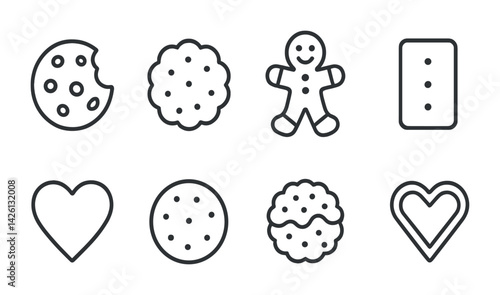 Outline cookie and snack icon set: gingerbread, heart, and more