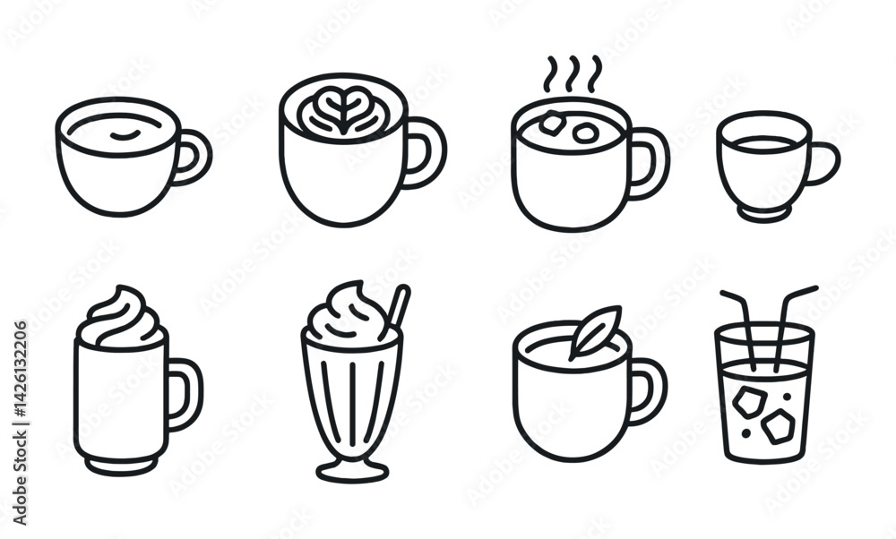 Obraz premium Coffee icons set: flat outline style featuring cappuccino, latte, espresso, and more beverage icons