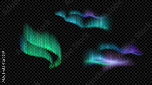 Northern lights isolated on transparent background. Natural phenomena in the northern regions. Vector illustrations of the aurora borealis in the night sky.