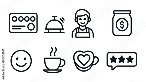 Hospitality icon set: concierge, smile, coffee, heart, rating | linear style