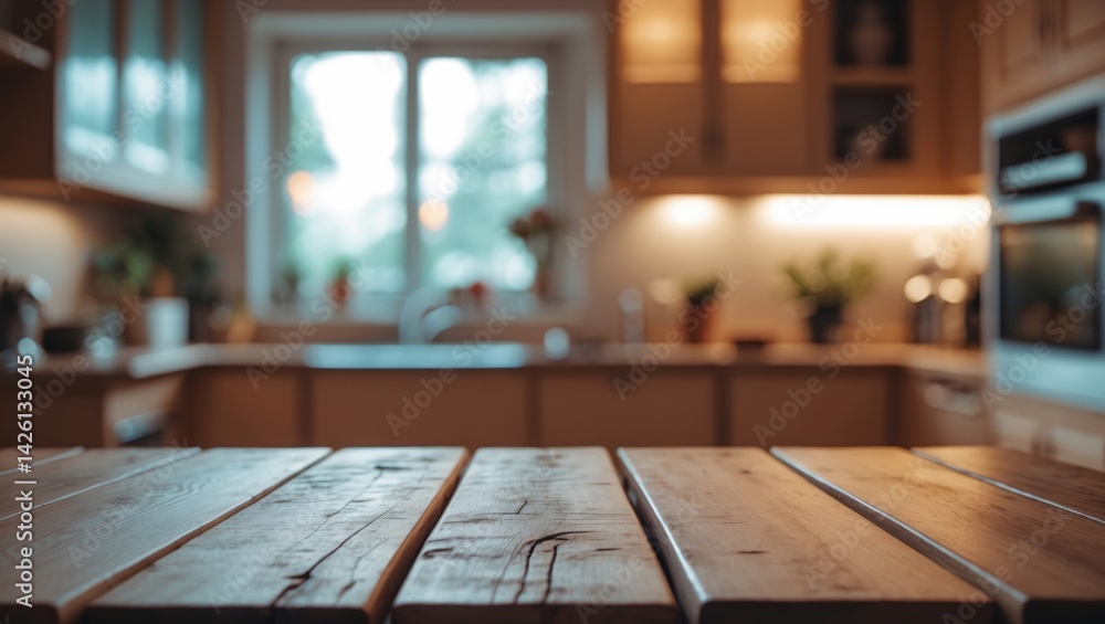 Fototapeta premium Empty wooden table top with blurred kitchen background, mock-up template for home design display, advertising banner for products, panoramic view of the interior
