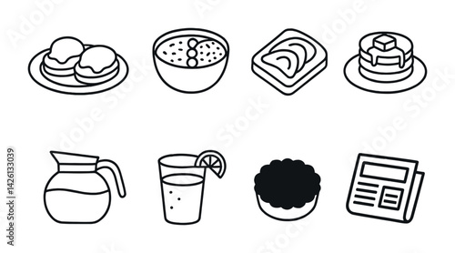 Breakfast line icons set: pancakes, coffee, oatmeal, juice, bacon, news, pie