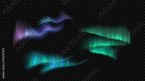 Aurora borealis in the night sky. Bright glow in the northern regions. Vector set of elements isolated on transparent background.