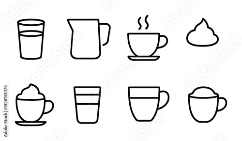 Beverage icon set: linear black outline icons of cups, mugs, and jugs