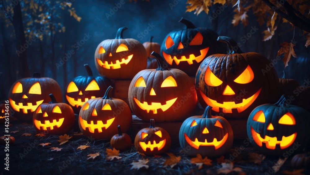 Spooky Halloween night scene featuring a collection of glowing Jack o Lanterns Spooky Halloween night scene featuring a collection of glowing Jack o Lanterns