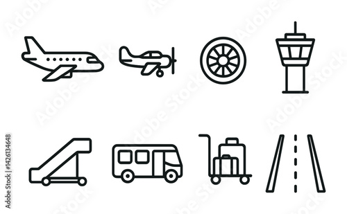 Airport linear icons set: airplane, control tower, luggage, runway, transport, and more