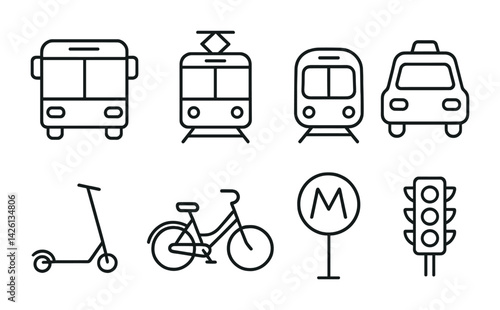 Urban transport icons set - linear style: bus, tram, subway, taxi, scooter, bicycle, metro, traffic light