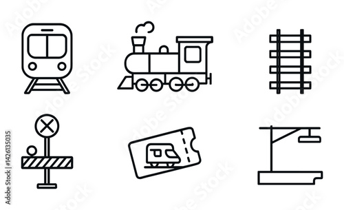 Vector black train icons set: 6 linear transport symbols for railways and stations