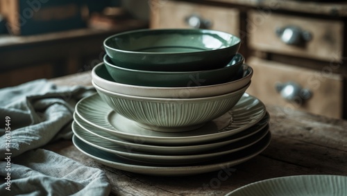 Rustic table setting with gray stoneware plates and bowls