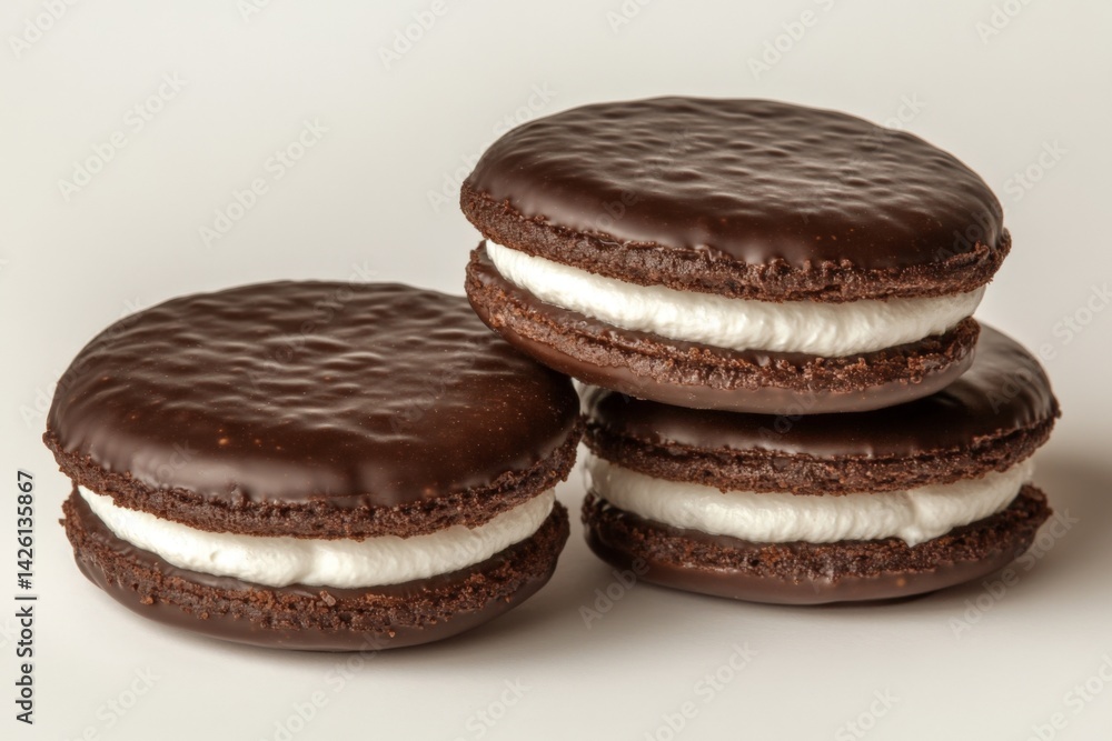 Delicious chocolate cream-filled cookies stacked on a plain background in a minimalistic arrangement Delicious chocolate cream-filled cookies stacked on a plain background in a minimalistic arrangement