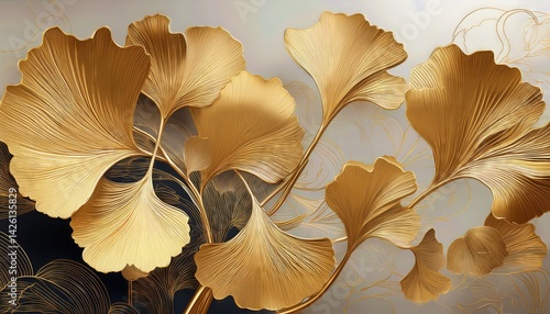 Obraz na płótnie Golden Ginkgo Leaf Wall Art Autumn Luxury Vector Design for Modern Home Decor and AutumnFall Themed Interior Spaces, Embracing Elegance and Warmth. w salonie