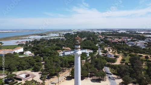 Aerial drone view of the Monument to the Discoverers, also known as Columna del IV Centenario, in La Rabida, Palos de la Frontera, dedicated to the discoverers of America