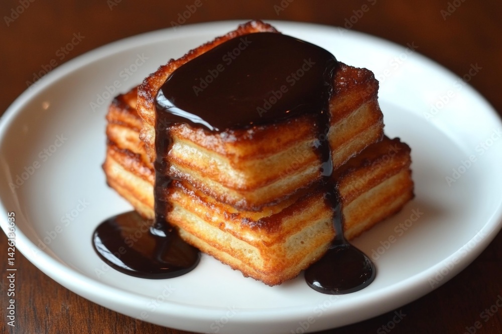 Delicious dessert featuring layered cake topped with rich chocolate sauce served on a white plate Delicious dessert featuring layered cake topped with rich chocolate sauce served on a white plate