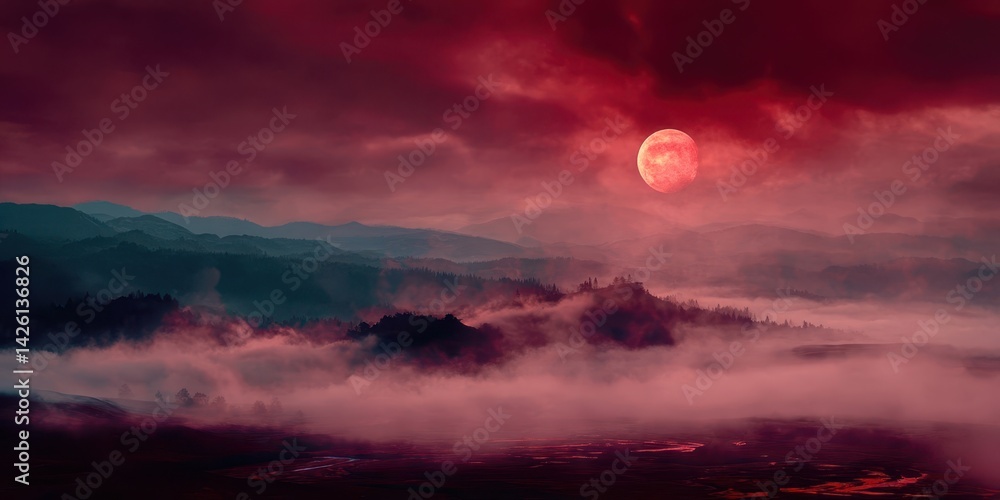 Fototapeta premium A red moon is in the sky above a mountain range