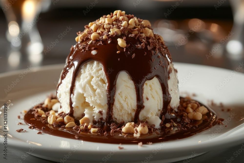 Decadent ice cream dessert topped with chocolate sauce and crushed nuts served at a restaurant during dinner time Decadent ice cream dessert topped with chocolate sauce and crushed nuts served at a restaurant during dinner time