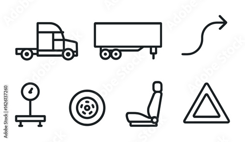 Transportation and logistics icon set - linear style: truck, trailer, route, scale, wheel, seat, warning