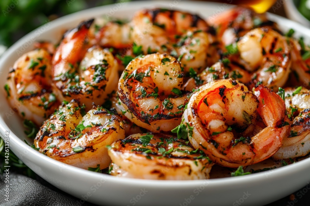 Grilled shrimp garnished with herbs served on a white plate in a cozy dining setting Grilled shrimp garnished with herbs served on a white plate in a cozy dining setting