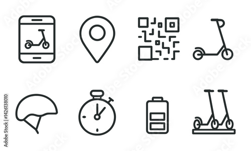 E-scooter rental icon set: urban mobility, navigation & safety - linear style
