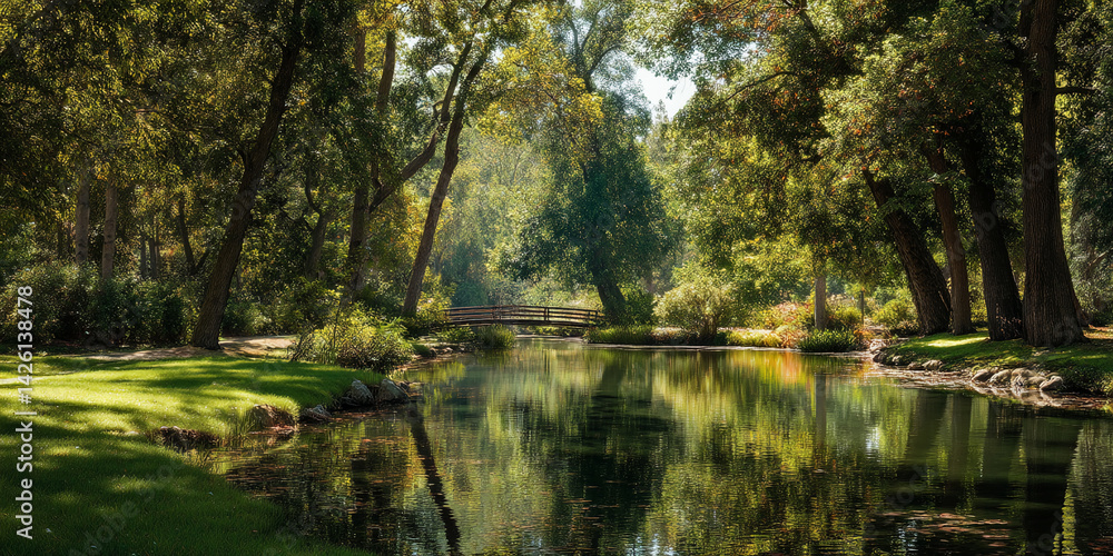 Fototapeta premium Peaceful pond scene with a wooden bridge nestled amongst lush green trees, reflecting tranquil water, showcasing serenity and natural beauty