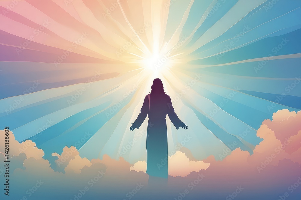 Stained glass style artwork showing the Ascension of Jesus Christ.