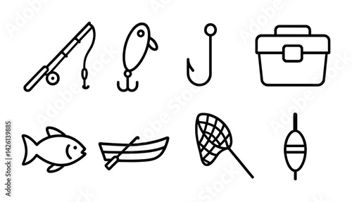 Fishing essentials icon set: linear style with rod, lure, and more