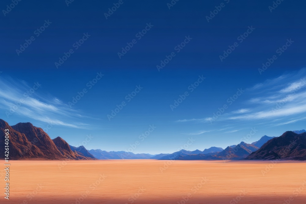 Naklejka premium Breathtaking desert vista with sweeping golden sand and towering rock formations against a bright blue sky offers an expansive view of nature's beauty