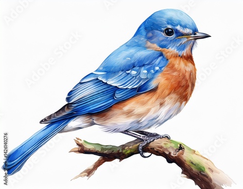 Beautiful eastern bluebird of happiness isolated on a branch illustrated in watercolor