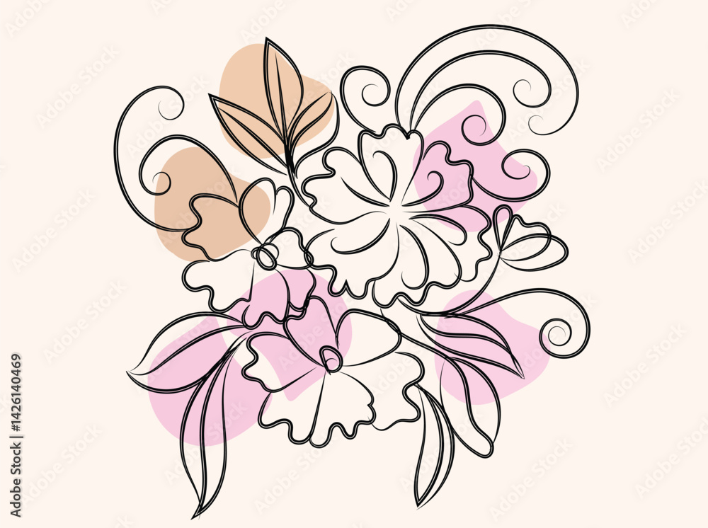 Elegant Line Art Floral Bouquet with Abstract Shapes Elegant Line Art Floral Bouquet with Abstract Shapes