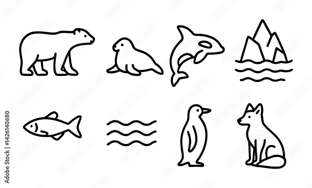 Fototapeta premium Polar themed linear icons set featuring animals and icebergs in simplistic design