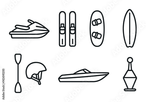 Water sports icon set: linear style collection for extreme activities enthusiasts