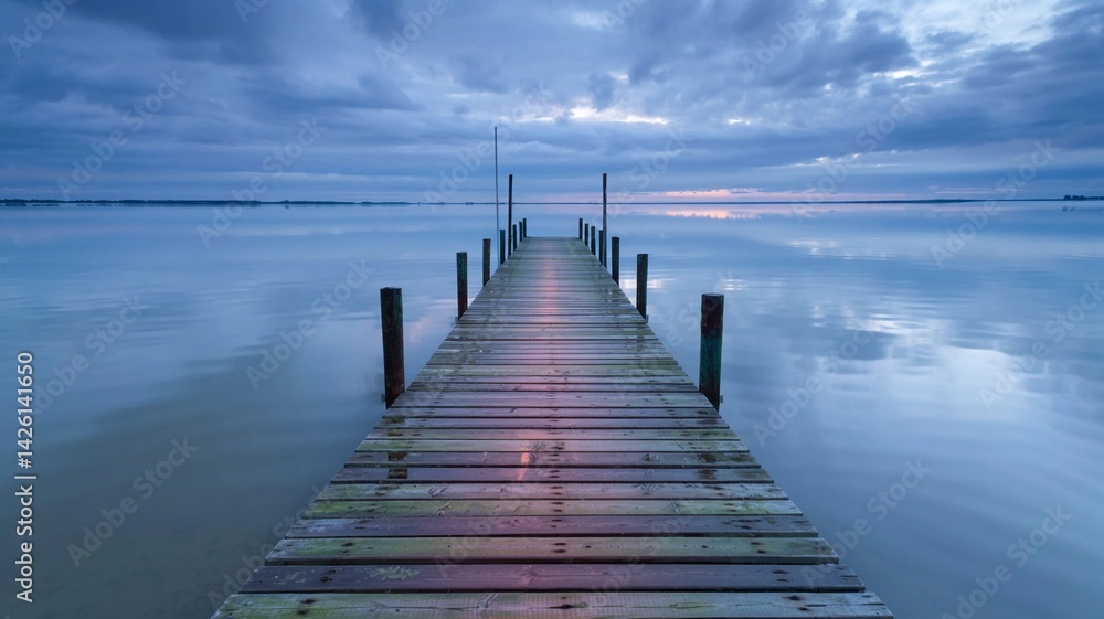 Naklejka premium Dock stretches into calm water at dawn with soft light reflecting on tranquil surface