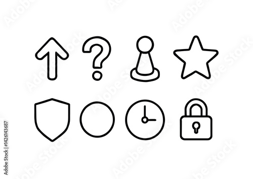 Essential outline icons set: arrow, question mark, game piece, star, shield, circle, clock, lock