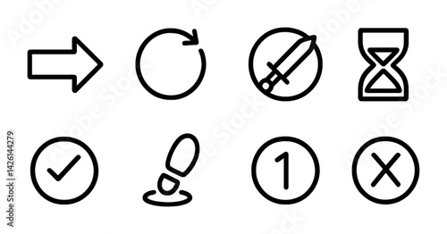 Simple black linear icon set: arrow, reload, no-knife, hourglass, checkmark, fill, number, cancel
