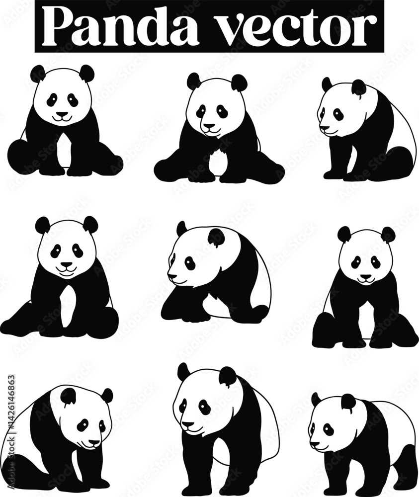 Obraz premium Panda Black and White Bear Illustrations Silhouettes
