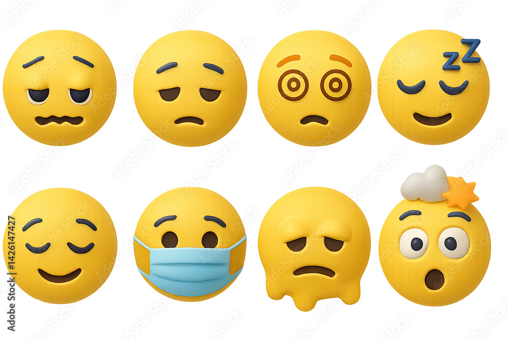 Emoji icon set – 3d style expressive faces, emotions, and reactions: sleepy, confused, tired, masked, melting, startled, yawning