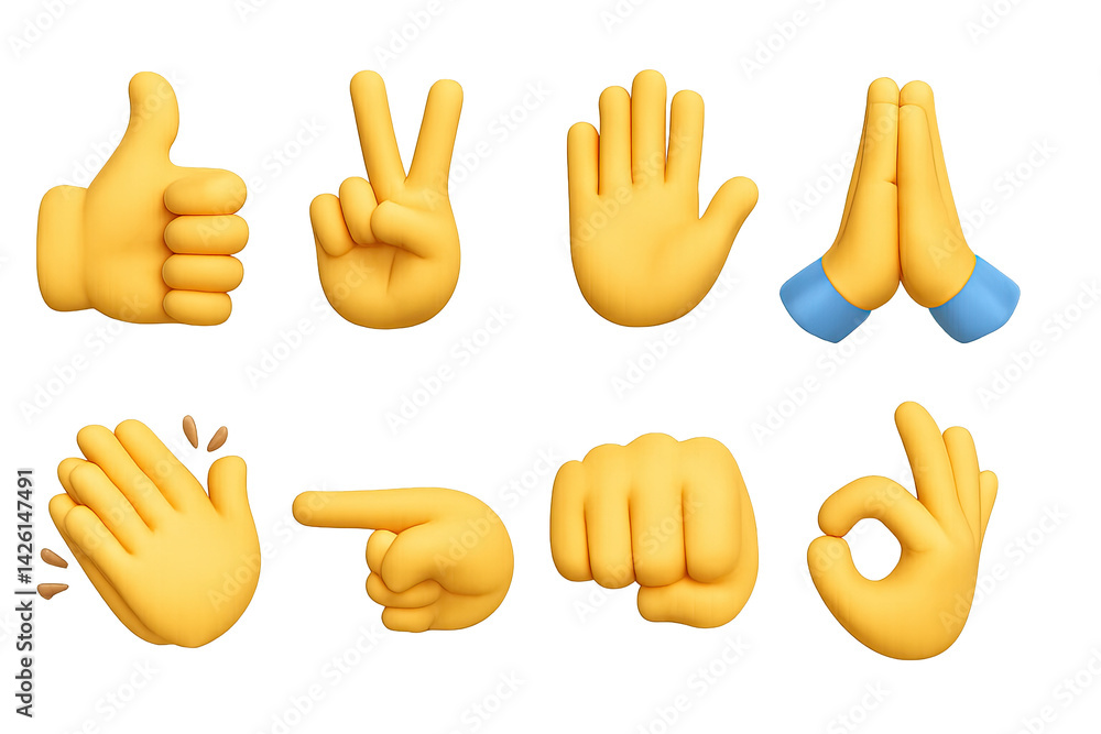 Emoji hand gestures icon set – 3d style expressions and communication symbols for digital interaction and messaging: thumbs up, peace sign, open hand, praying hands, clapping