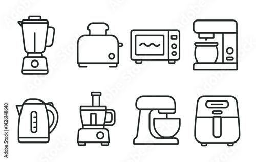 Kitchen appliances linear icons set: blender, toaster, microwave, mixer, kettle, food processor, air fryer