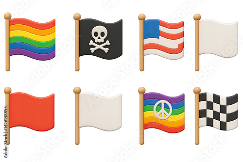 Flag icon set – 3d style patriotic and symbolic graphics for multicultural communication: pride flag, pirate flag, american flag, white flag, peace flag, race flag