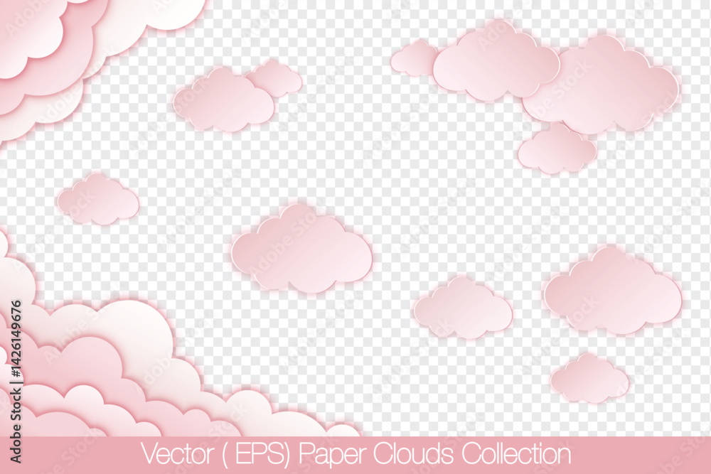 Vector set of pink paper clouds and paper cloudscape isolated on transparent background, (EPS) Paper craft illustrations for holiday decorating, party invitations and cards Vector set of pink paper clouds and paper cloudscape isolated on transparent background, (EPS) Paper craft illustrations for holiday decorating, party invitations and cards