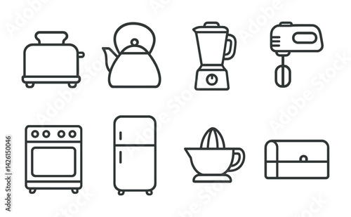 Outline kitchen appliance icon set - toaster, kettle, blender, mixer, oven, fridge, juicer