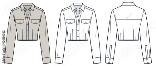 Cropped Button Up Shirt with Long Sleeves Technical Fashion Illustration. Blouse fashion flat technical drawing template, buttons, front and back view, white, beige, women CAD mockup set.