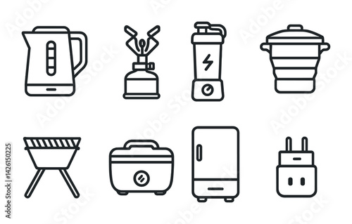 Home appliances icon set: linear style outlines for digital use