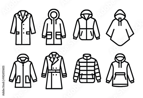 Outerwear icons set: linear style representing various coats and jackets