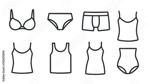 Minimalist underwear icons set: stylish linear outline of bras, boxers, and more apparel
